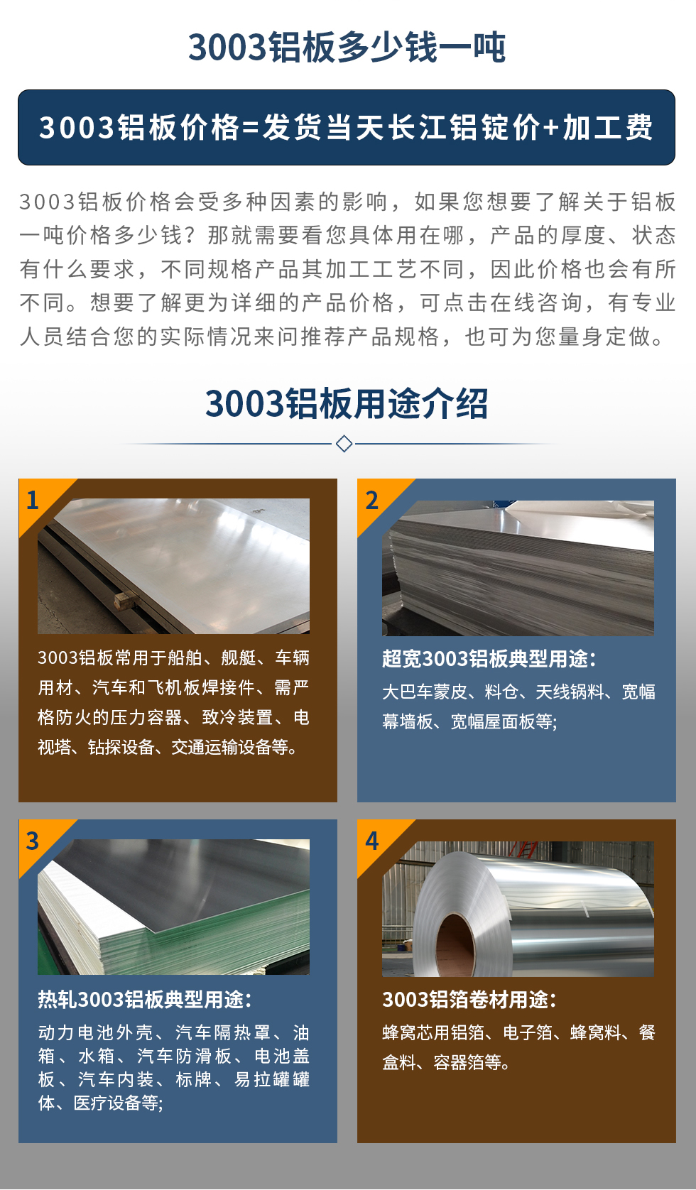 3003鋁板用途介紹
3003鋁板常用于船舶、艦艇、車輛用材、汽車和飛機板焊接件、需嚴格防火的壓力容器、致冷裝置、電視塔、鉆探設備、交通運輸設備等。超寬3003鋁板典型用途:大巴車蒙皮、料倉、天線鍋料、寬幅幕墻板、寬幅屋面板等;熱軋3003鋁板典型用途:動力電池外殼、汽車隔熱罩、油箱、水箱、汽車防滑板、電池蓋板、汽車內裝、標牌、易拉罐罐體、醫療設備等;3003鋁箔卷材用途: 蜂窩芯用鋁箔、電子箔、蜂窩料、餐盒料、容器箔等。